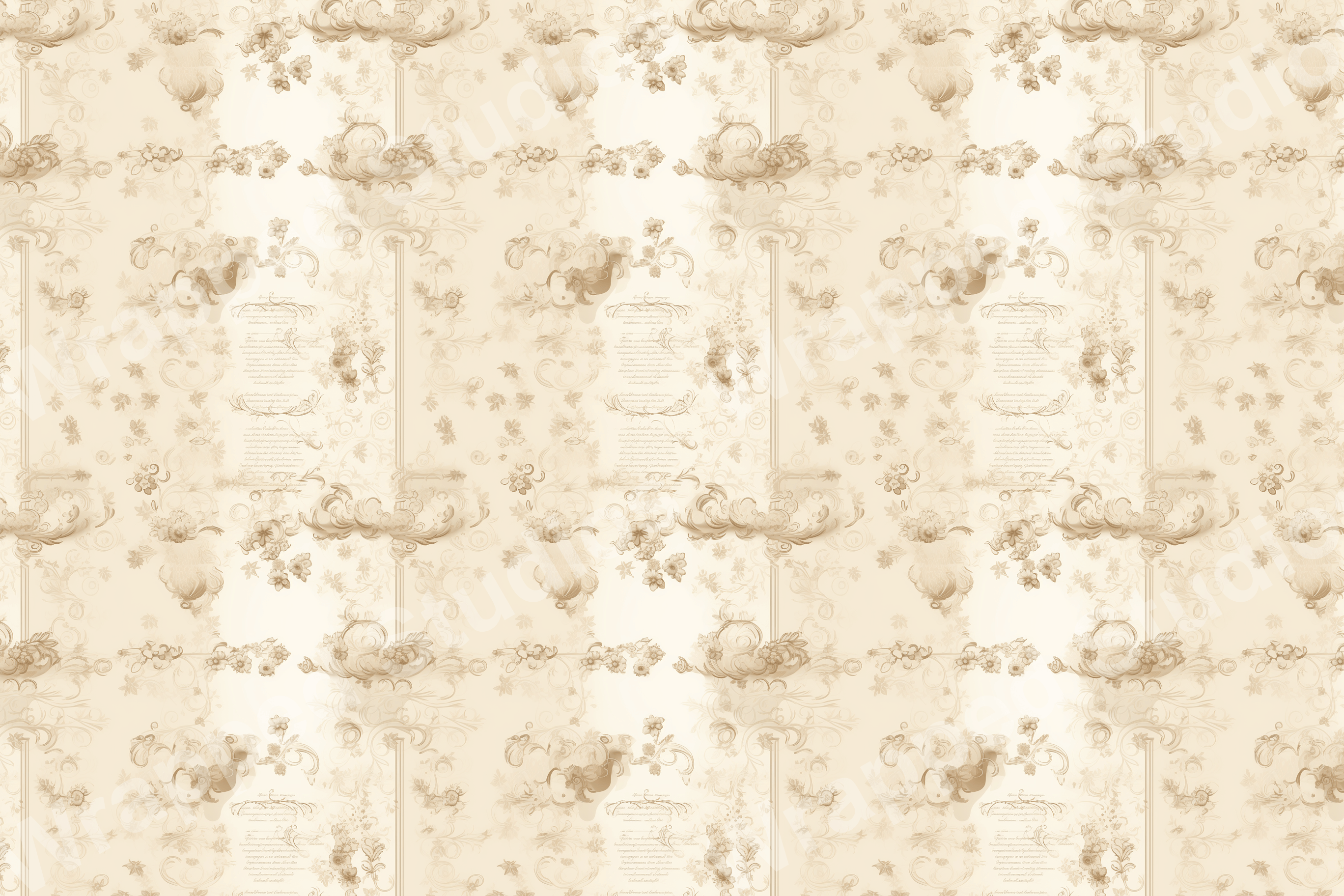 Vintage floral pattern with botanical swirls and script accents in shades of sepia.