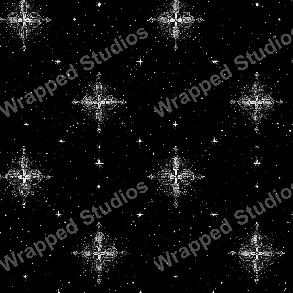 Elegant black and white celestial pattern with stylized floral star motifs and cosmic dust.