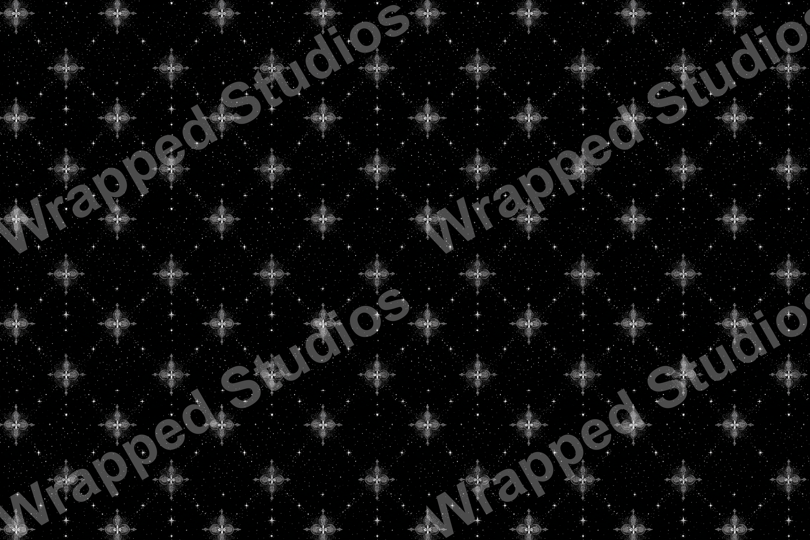 Elegant black and white celestial pattern with ornate crosses and scattered stars.