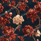 Elegant vintage botanical pattern with red and cream peony flowers on a dark navy blue background.