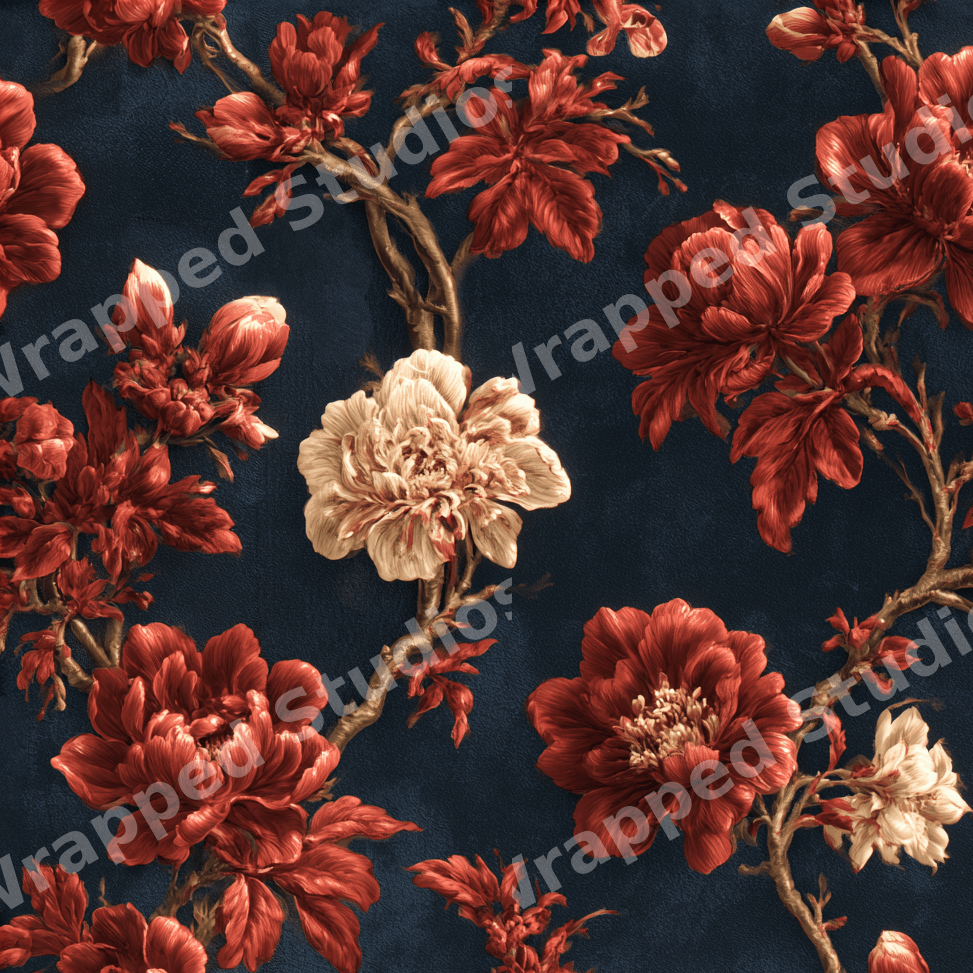 Elegant vintage botanical pattern with red and cream peony flowers on a dark navy blue background.