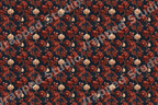 Vintage botanical floral pattern featuring red and cream blossoms on a dark navy background.