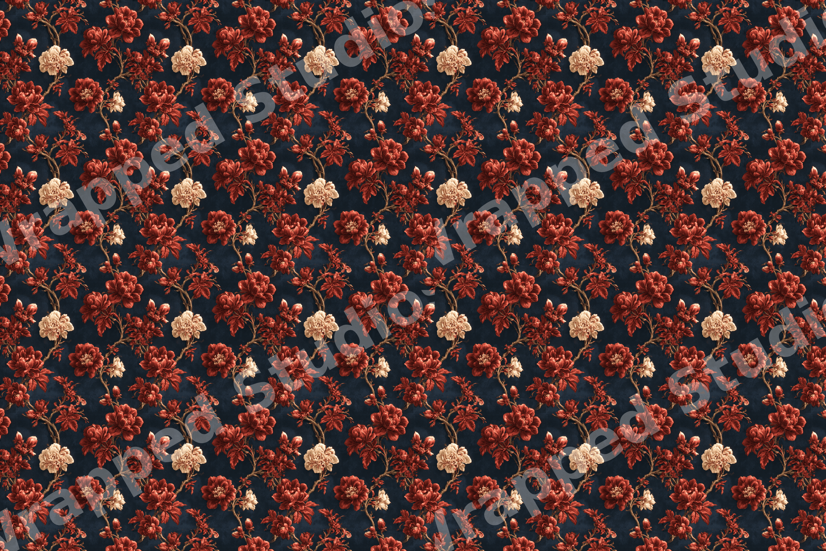 Vintage botanical floral pattern featuring red and cream blossoms on a dark navy background.