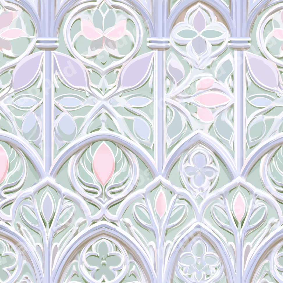 Elegant Art Nouveau floral pattern with Gothic arches in pastel pink, mint green, and lavender.