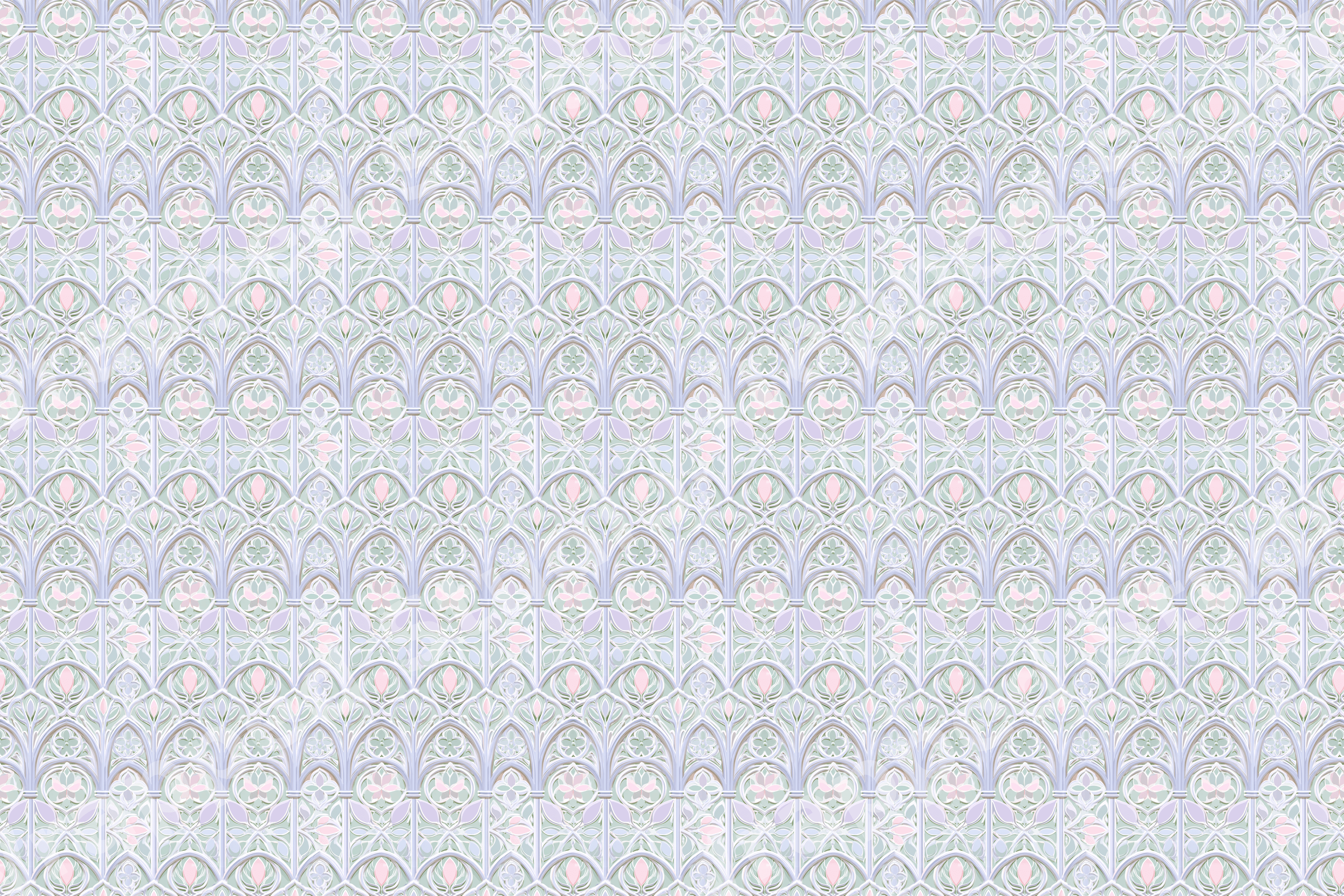 Elegant gothic arch pattern with delicate pastel floral tracery in soft pink, mint green, and lavender.