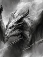 Dramatic black and white fantasy dragon illustration with smoky textures in a gothic digital art style.