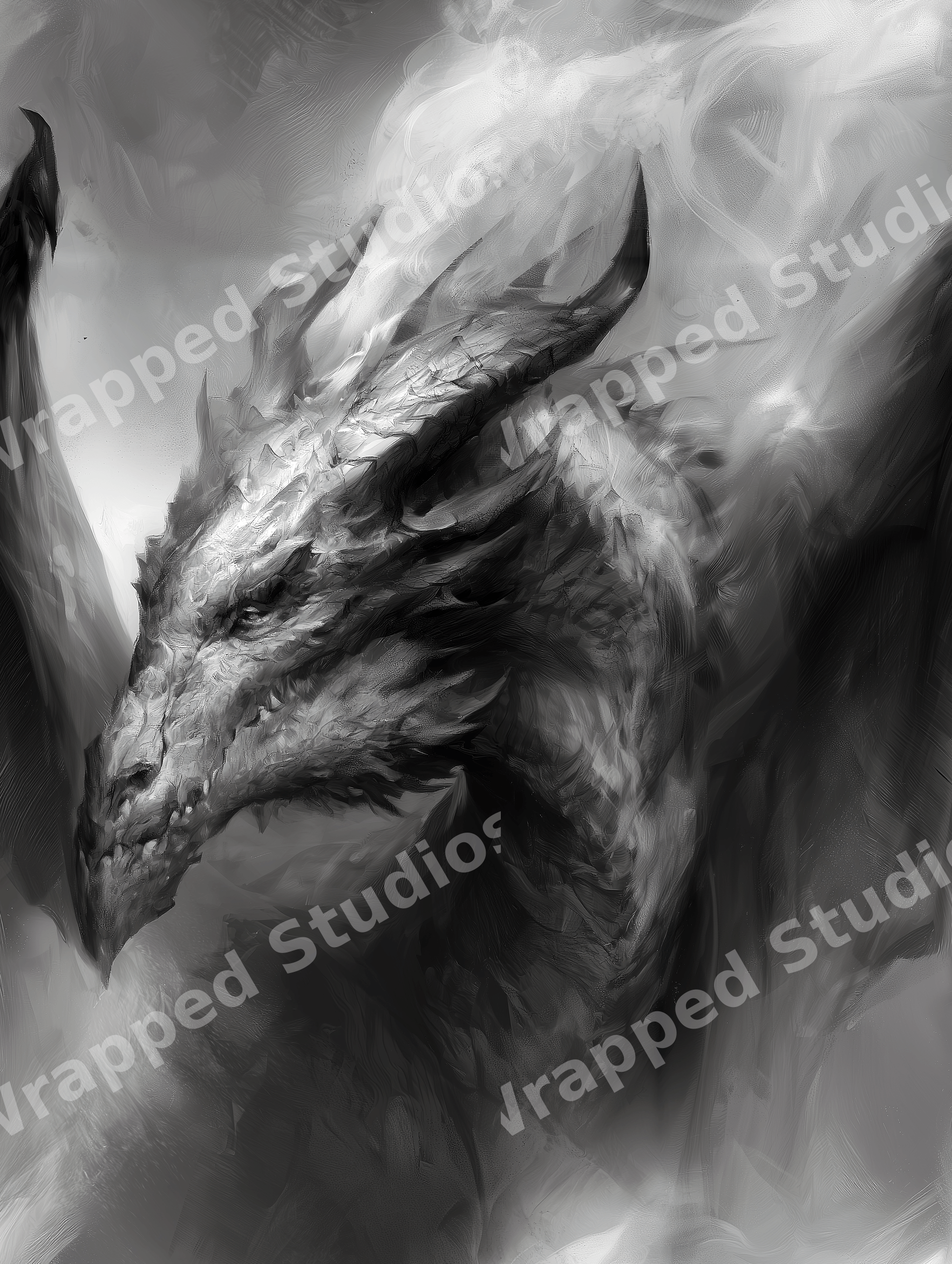 Dramatic black and white fantasy dragon illustration with smoky textures in a gothic digital art style.