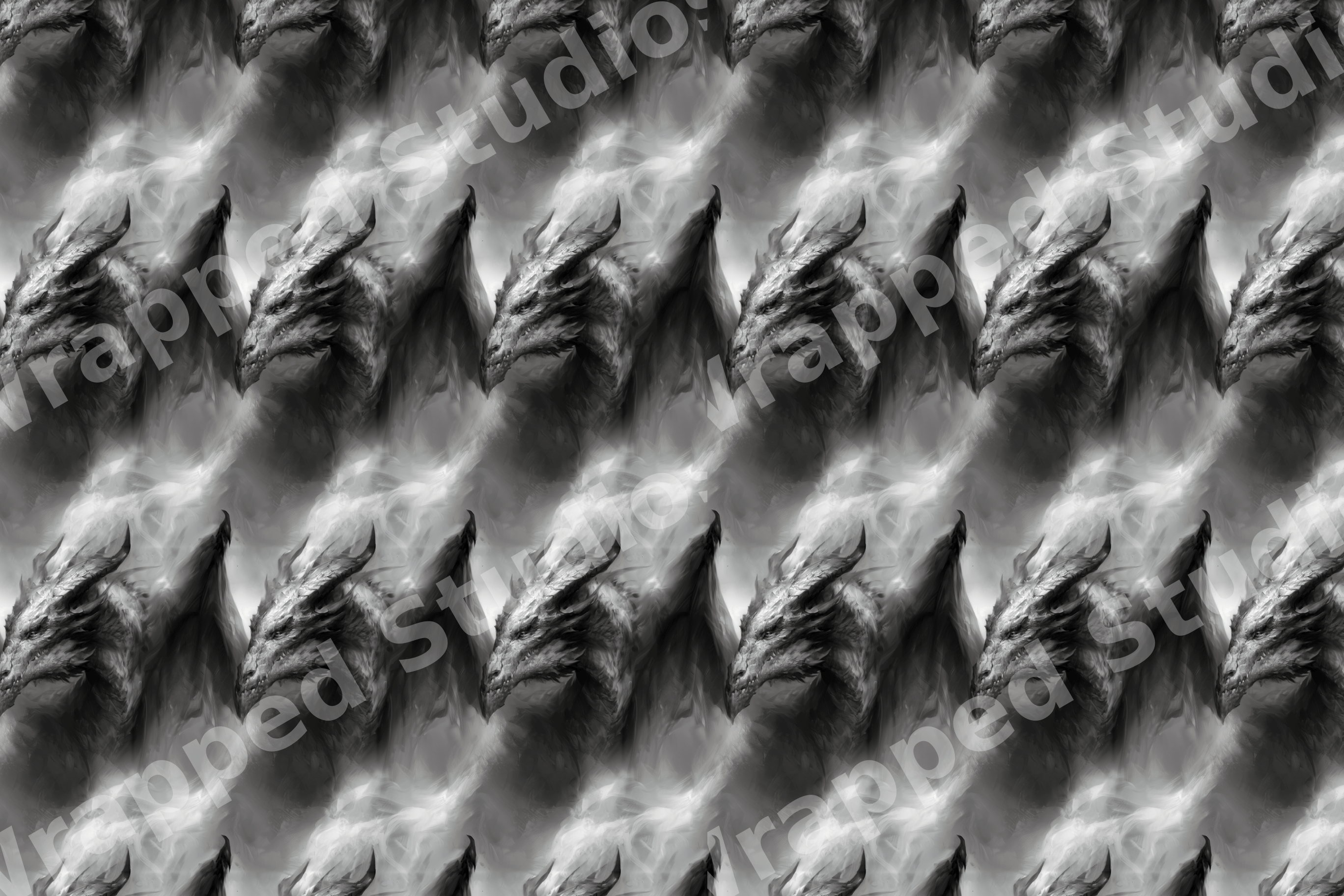Gothic black and white dragon seamless pattern with mythical winged dragons in smoky mist.