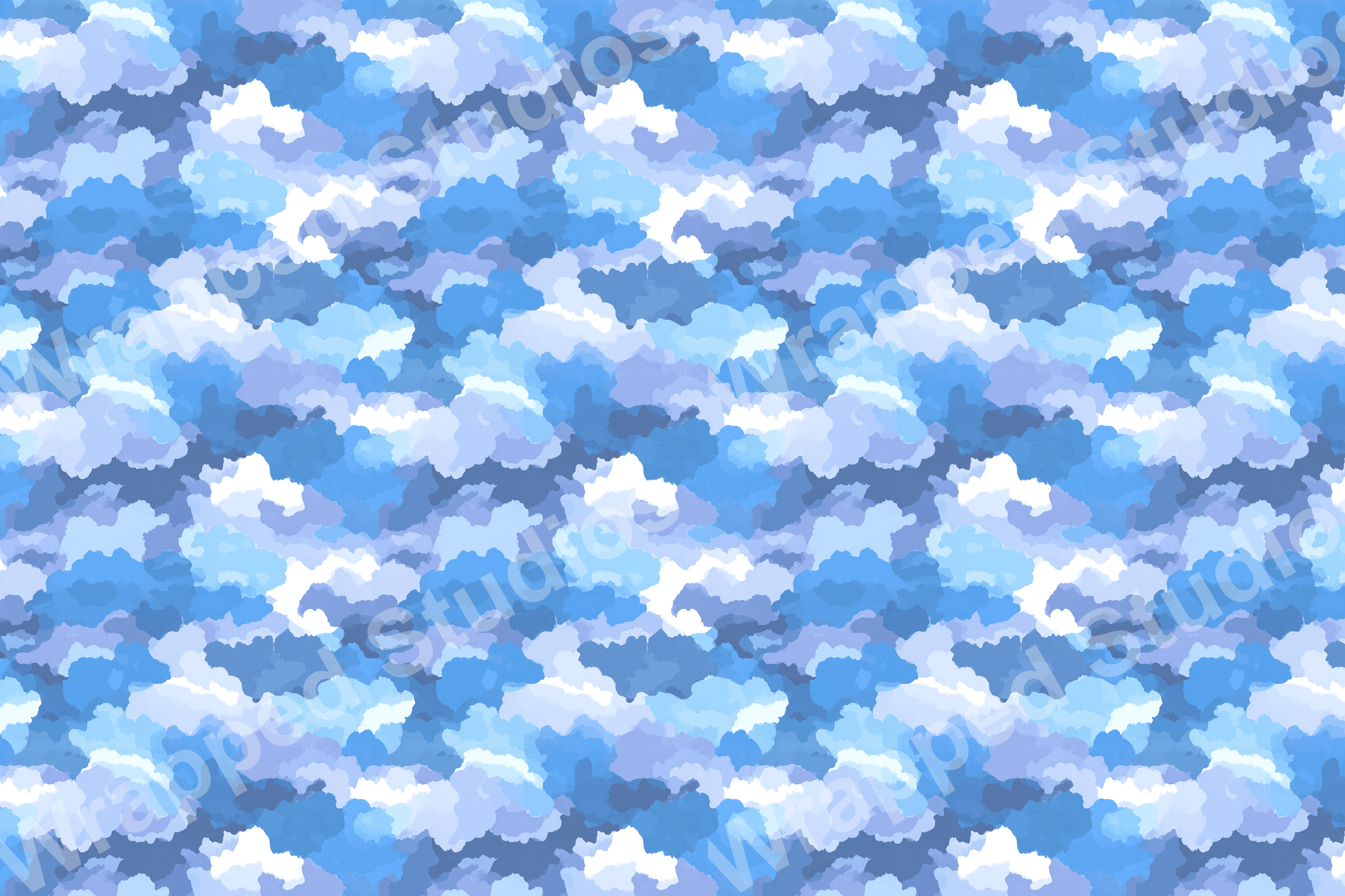 Abstract pattern in shades of blue and white, resembling watercolor clouds or camouflage.
