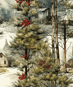 Rustic watercolor winter landscape pattern with green pine trees, red berries, and snowy cabins.
