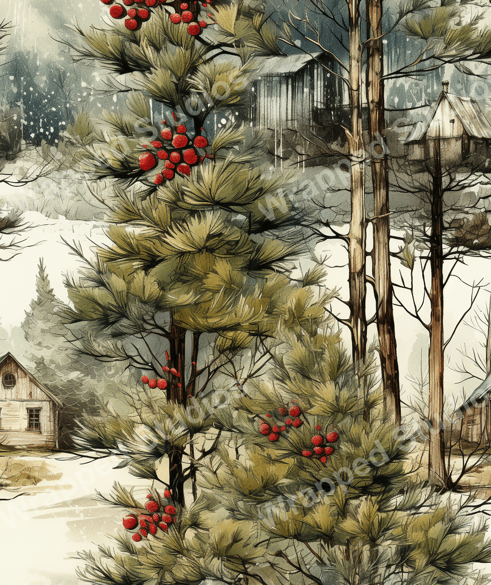 Rustic watercolor winter landscape pattern with green pine trees, red berries, and snowy cabins.
