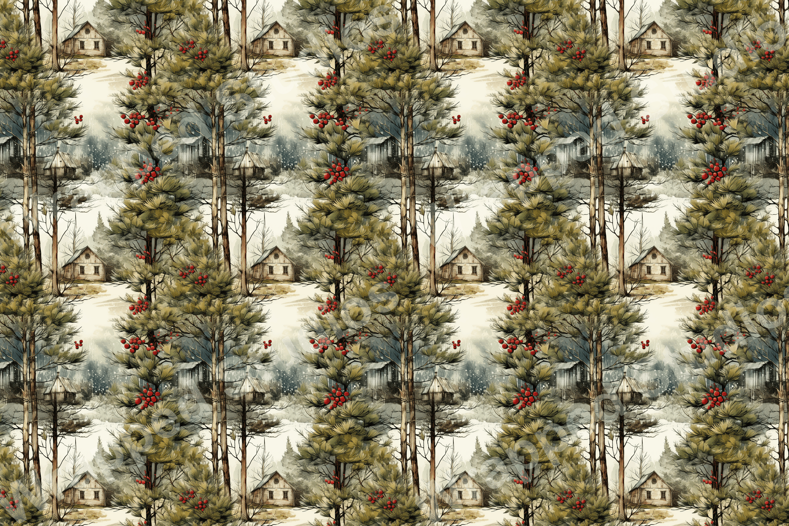 Rustic winter forest pattern with watercolor pine trees, red berries, and cozy cabins in muted greens, reds, and cream.