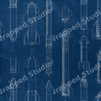 Seamless rocket blueprint pattern with white technical spacecraft drawings on a dark navy blue background.