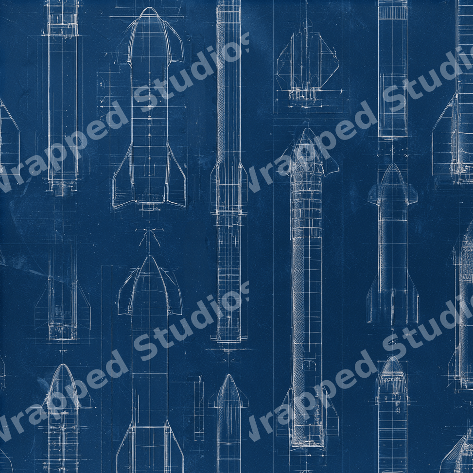 Seamless rocket blueprint pattern with white technical spacecraft drawings on a dark navy blue background.