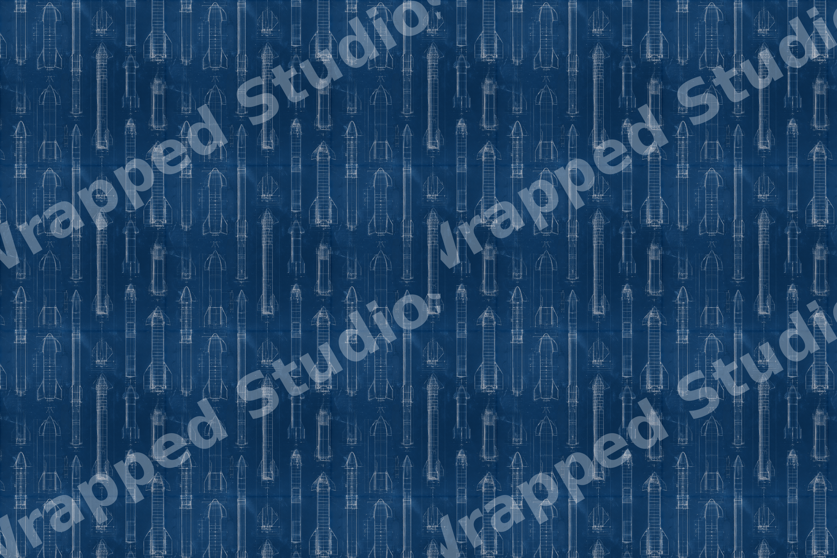 Seamless rocket blueprint pattern with white technical spaceship drawings on a dark blue background.