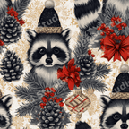 Vintage Christmas raccoon pattern with pinecones, evergreen branches, and red berries on a gold background.