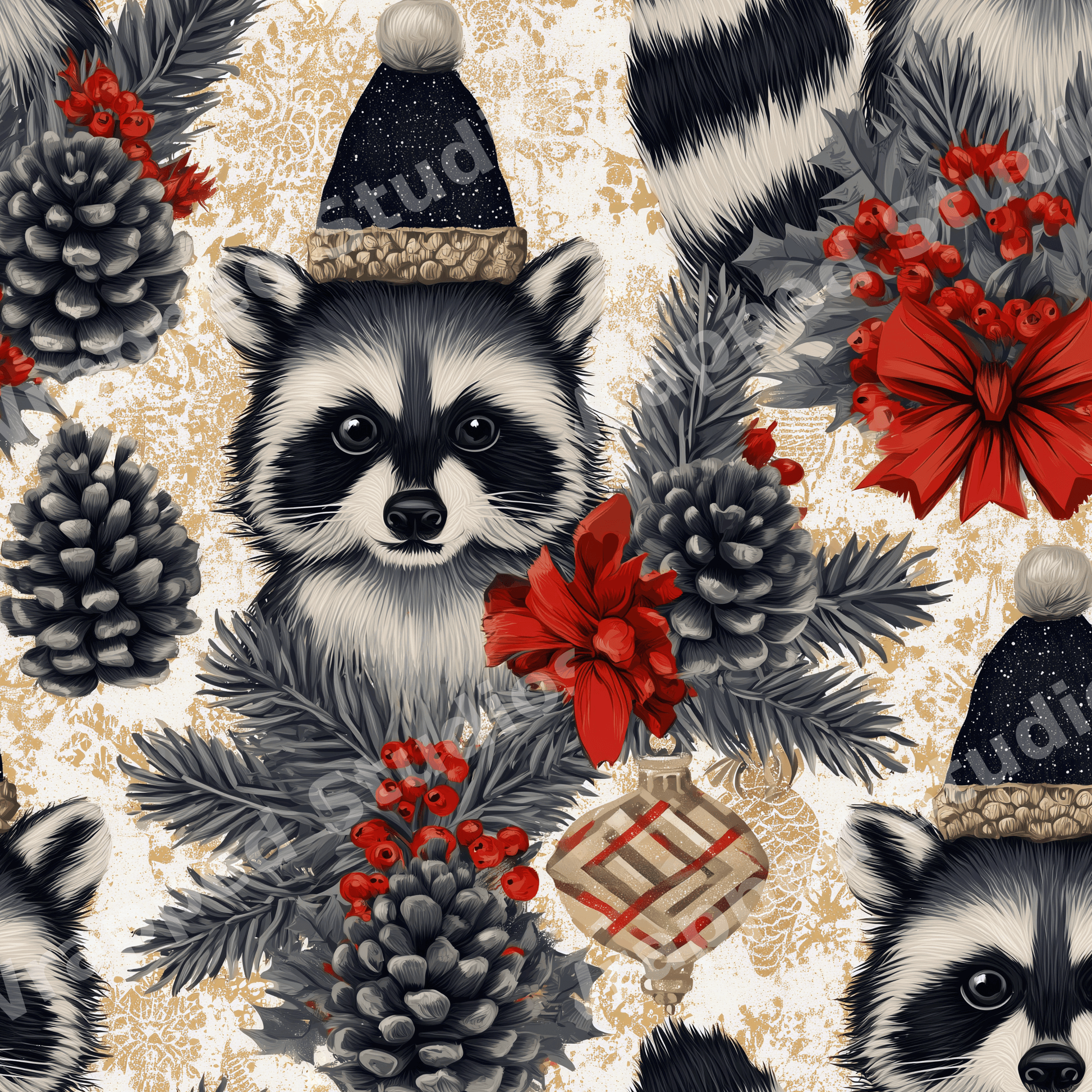Vintage Christmas raccoon pattern with pinecones, evergreen branches, and red berries on a gold background.