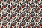 Vintage holiday pattern featuring raccoons in winter hats, pinecones, and red berries on a cream background.