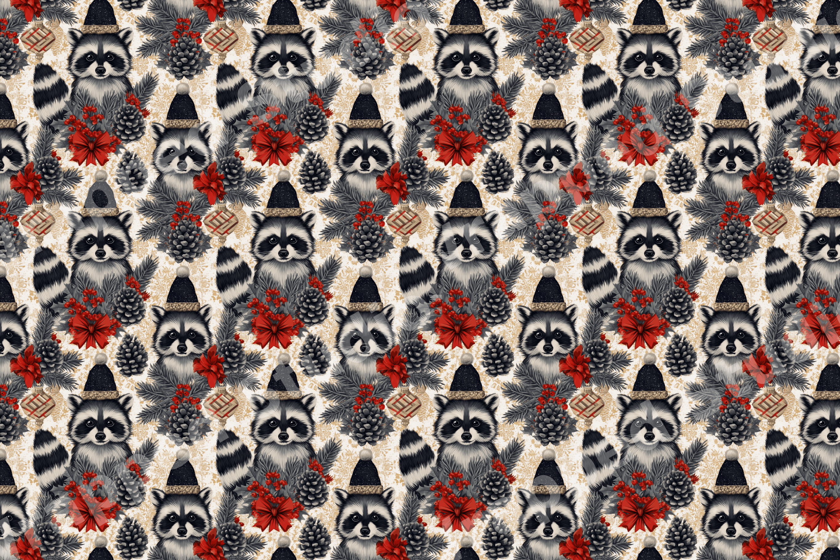Vintage holiday pattern featuring raccoons in winter hats, pinecones, and red berries on a cream background.