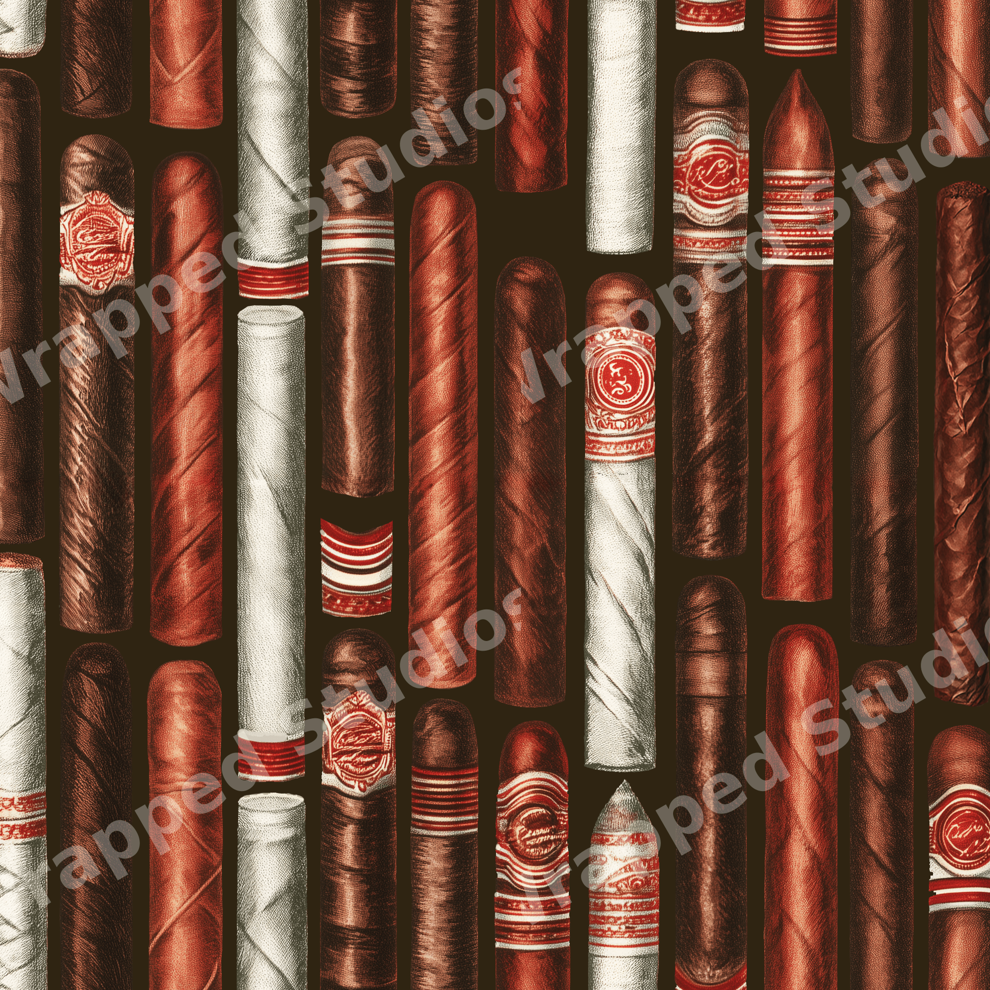 Vintage cigar pattern featuring hand-drawn brown and white cigars in a classic seamless design.