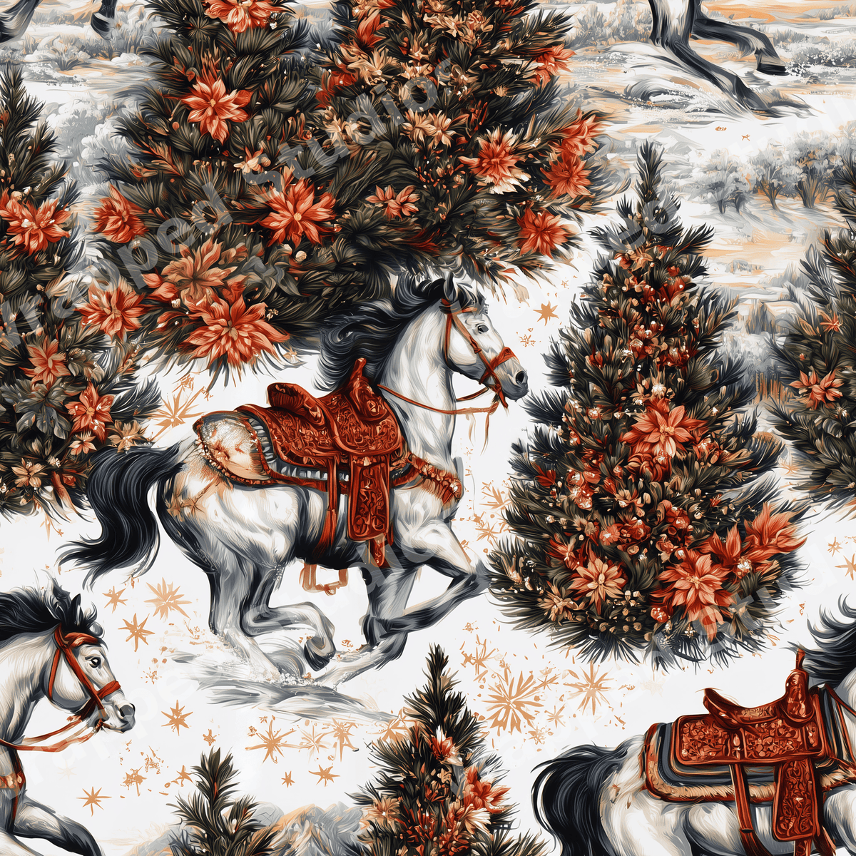 Vintage Christmas pattern featuring galloping white horses and pine trees decorated with red poinsettia flowers.