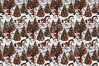 Vintage western holiday pattern featuring galloping white horses and decorated Christmas trees.