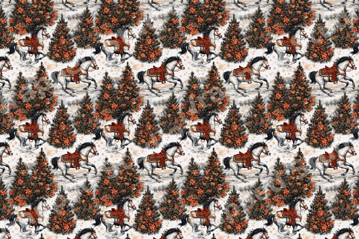 Vintage western holiday pattern featuring galloping white horses and decorated Christmas trees.