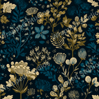 Elegant floral pattern with botanical motifs in gold and teal on a dark navy ground.