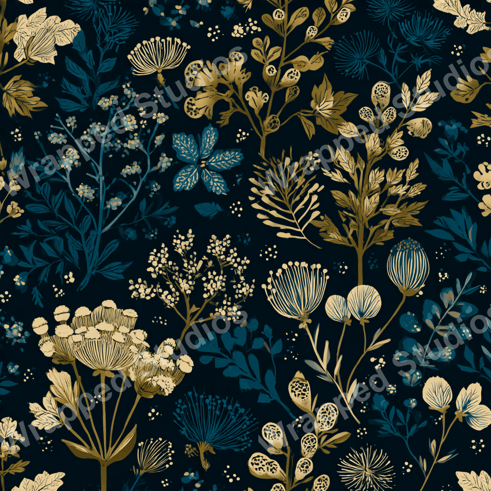 Elegant floral pattern with botanical motifs in gold and teal on a dark navy ground.
