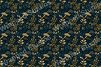 Elegant floral pattern with botanical motifs in gold and teal on a dark blue background.