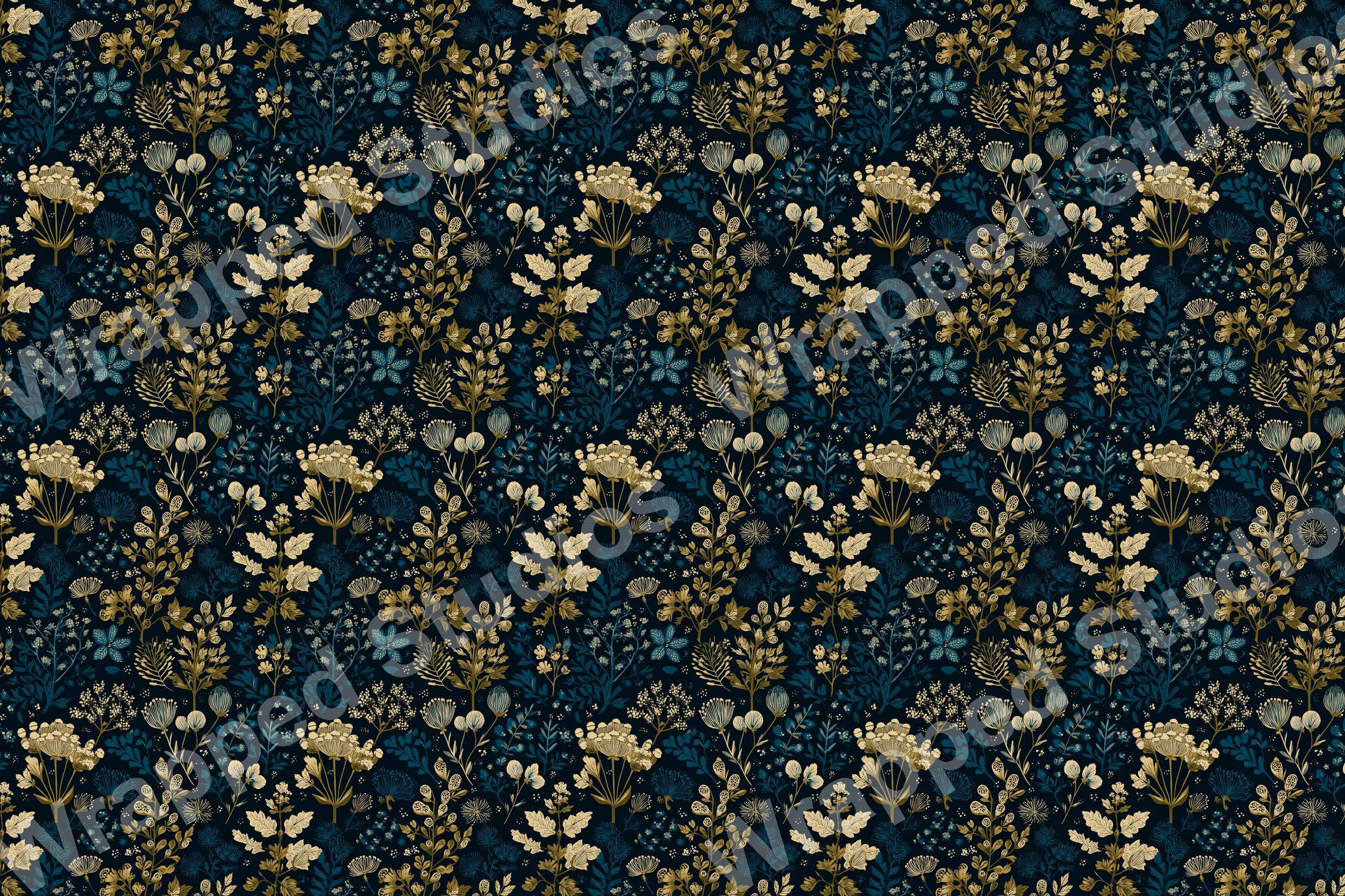 Elegant floral pattern with botanical motifs in gold and teal on a dark blue background.