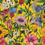 Vibrant floral pattern with pink, white, red, and blue flowers and green foliage on a bright yellow background.