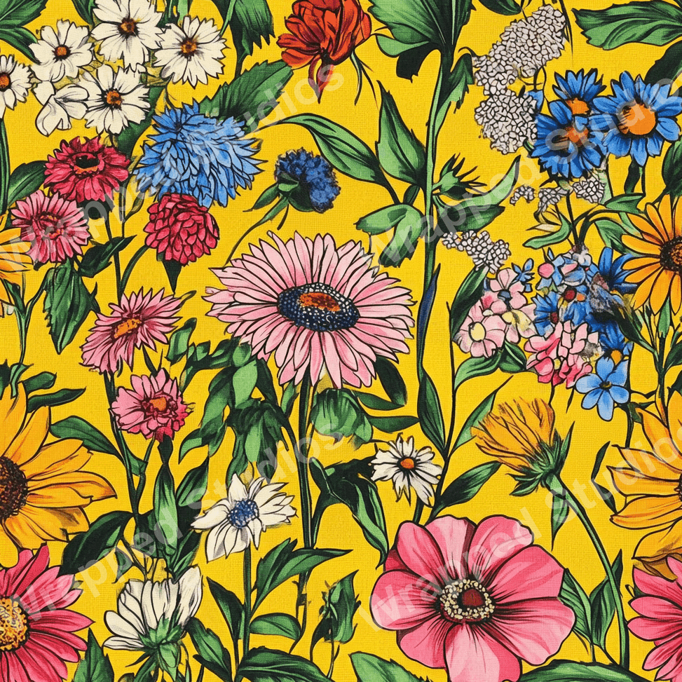 Vibrant floral pattern with pink, white, red, and blue flowers and green foliage on a bright yellow background.