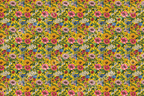 Colorful floral pattern with pink, yellow, blue, and white flowers and green foliage on a vibrant yellow background.