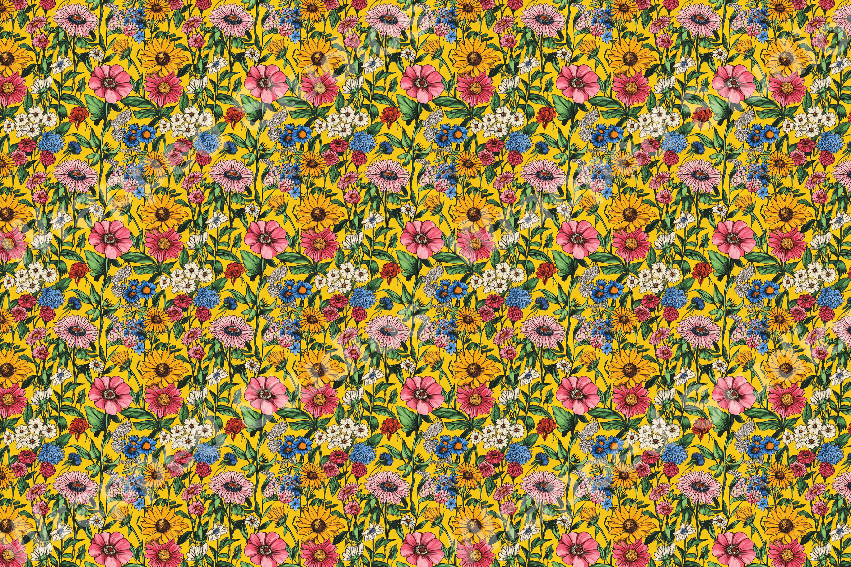 Colorful floral pattern with pink, yellow, blue, and white flowers and green foliage on a vibrant yellow background.