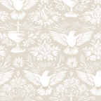 Elegant seamless damask pattern featuring white doves and holy communion chalices on a light beige background.