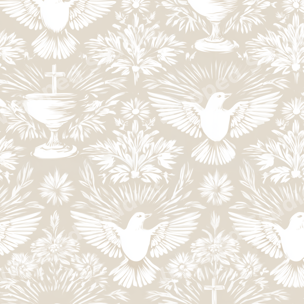 Elegant seamless damask pattern featuring white doves and holy communion chalices on a light beige background.