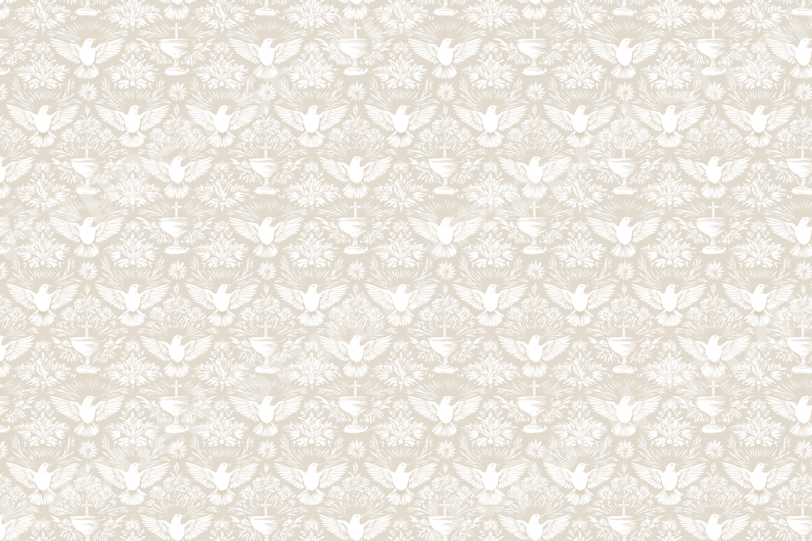 Elegant vintage Christian pattern with white doves and holy chalices on a beige damask background.