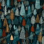 Detailed forest pattern with stylized trees in teal, rust, gold, and white on a dark background.