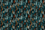 Dense forest pattern with stylized trees in teal, rust, gold, and white on a dark teal background.