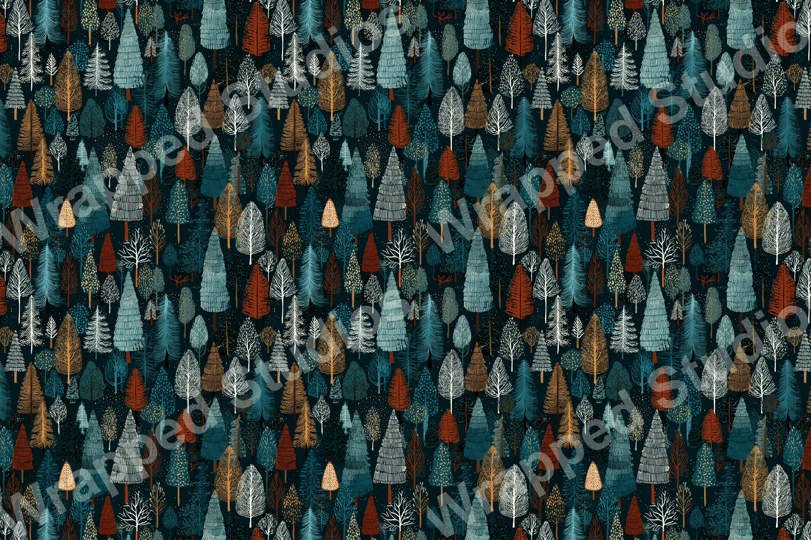 Dense forest pattern with stylized trees in teal, rust, gold, and white on a dark teal background.