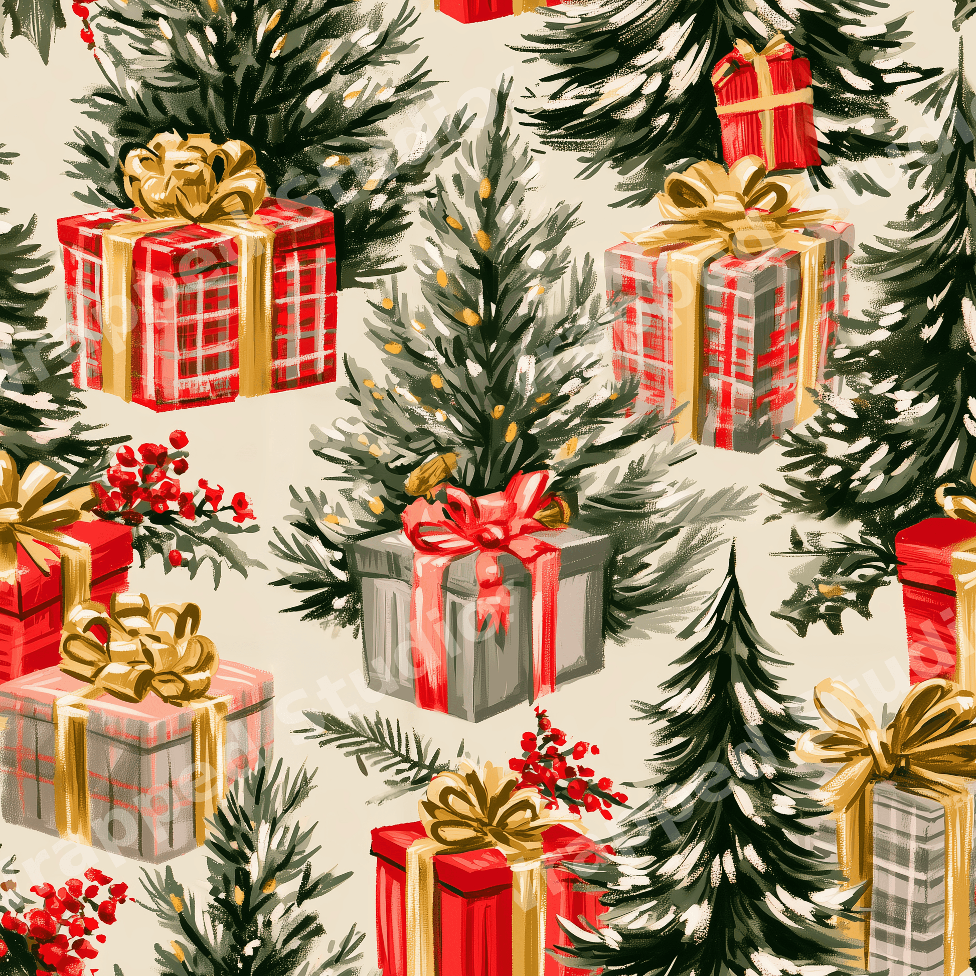 Vintage Christmas tree pattern with hand-painted holiday illustrations on a warm cream background.