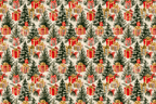 Watercolor Christmas tree and festive holiday foliage pattern on a cream background.