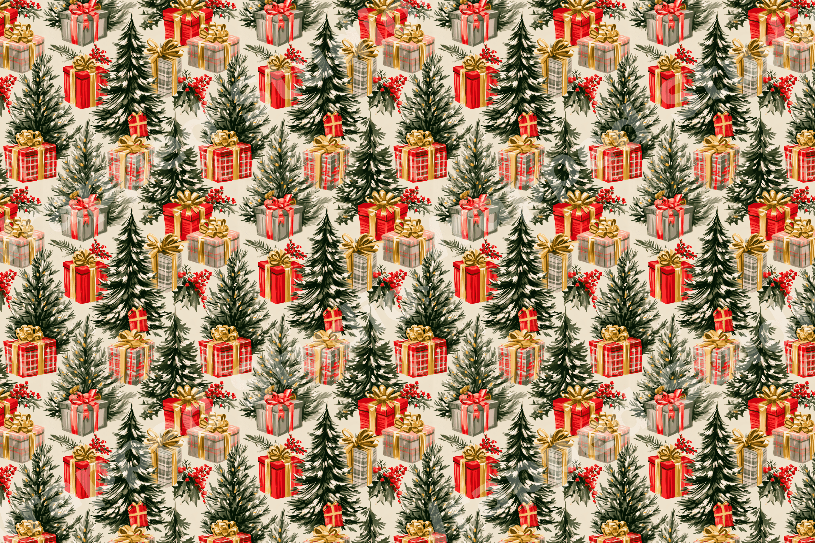 Watercolor Christmas tree and festive holiday foliage pattern on a cream background.