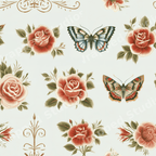 Vintage botanical floral pattern with red roses, butterflies, and elegant gold flourishes on soft sage green.