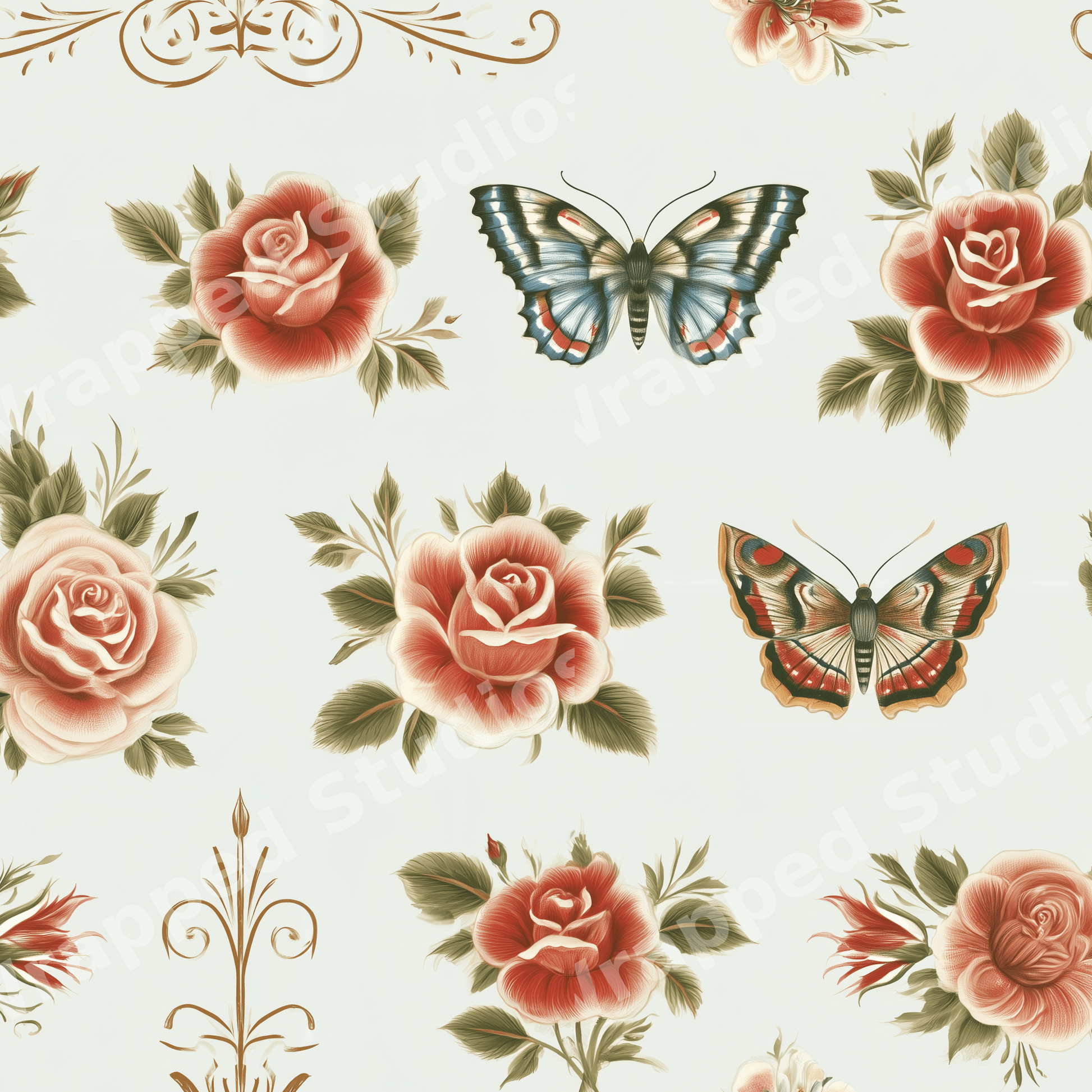 Vintage botanical floral pattern with red roses, butterflies, and elegant gold flourishes on soft sage green.