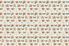Vintage botanical design featuring red roses, butterflies, and elegant gold filigree on a light sage background.