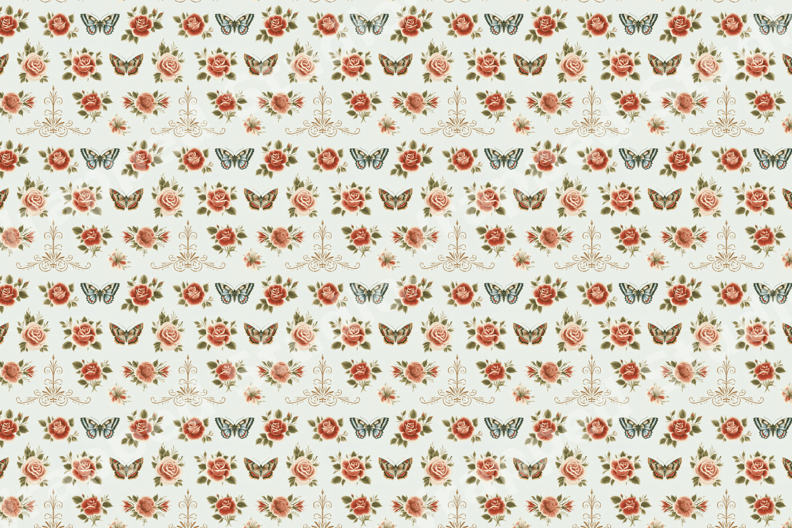 Vintage botanical design featuring red roses, butterflies, and elegant gold filigree on a light sage background.