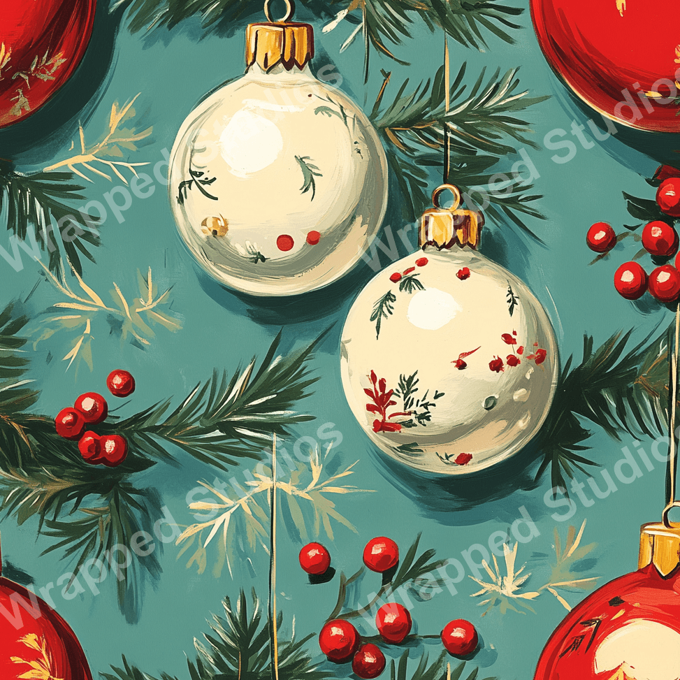Classic Christmas pattern with ornaments, berries, and evergreen branches on teal.