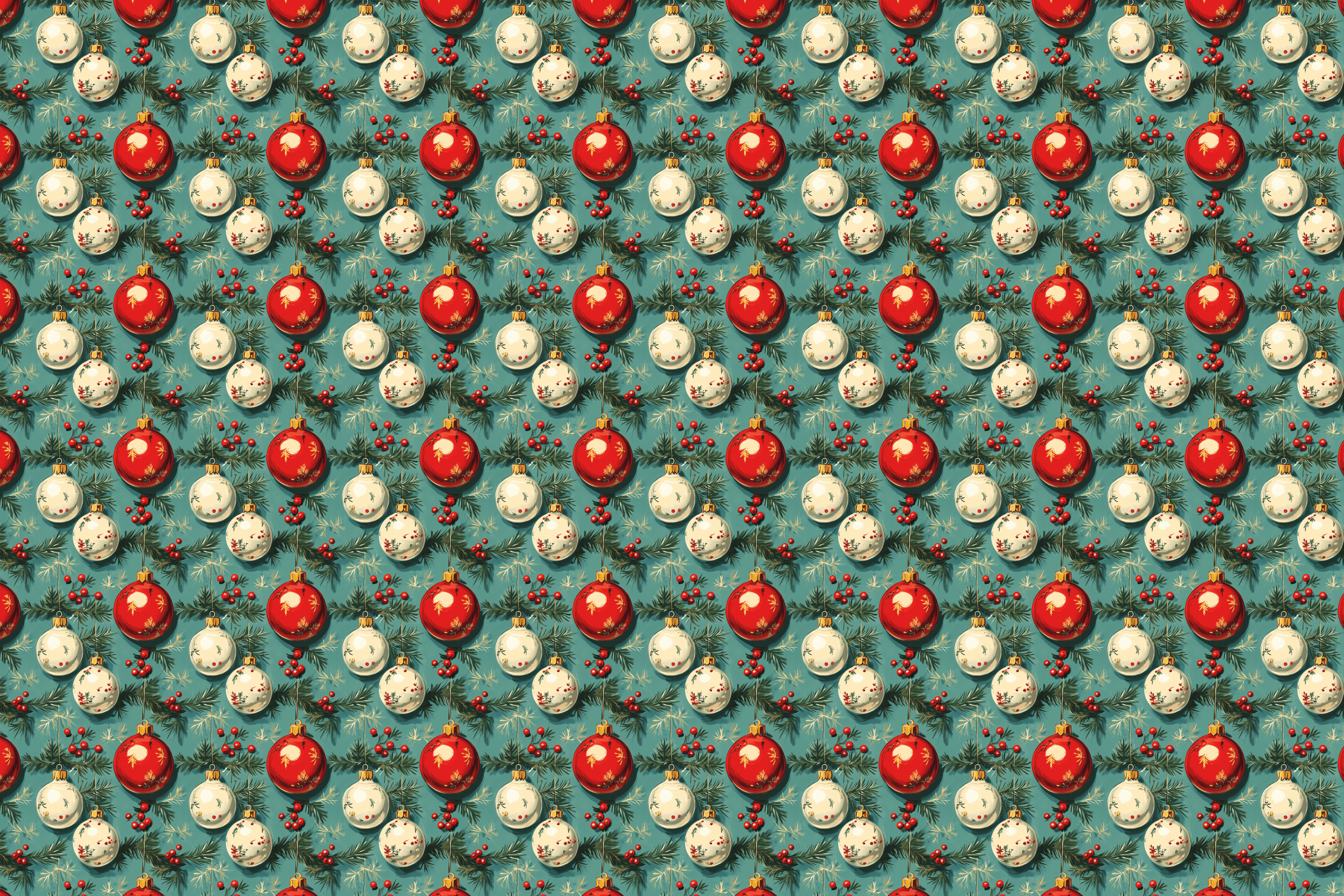 Pattern of red and white vintage Christmas ornaments on a blue background. Wrapped Studios luxury wrapping paper.